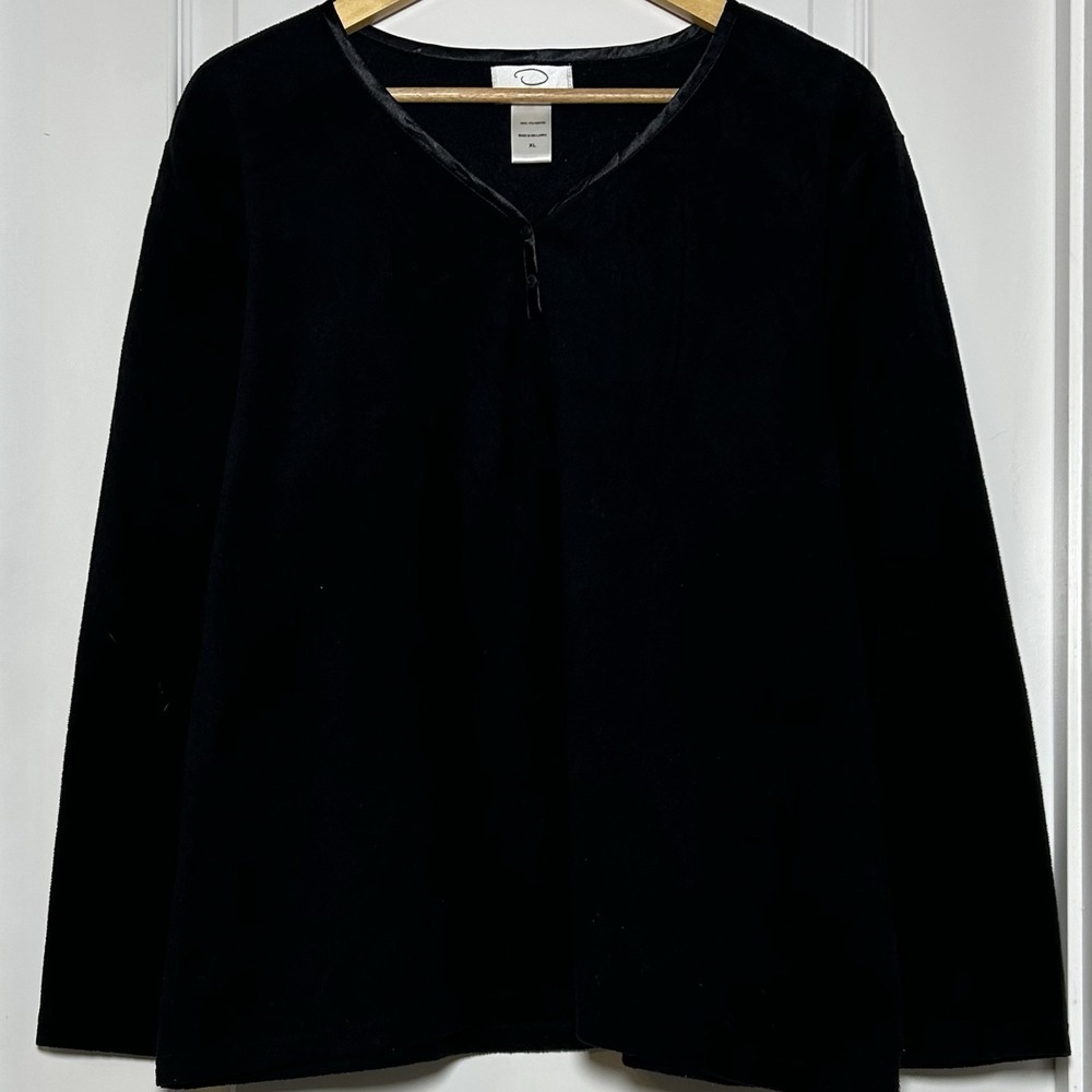 Oscar de la Renta Black Brushed Plush Satin Trim Pullover Swing Cardigan Topper